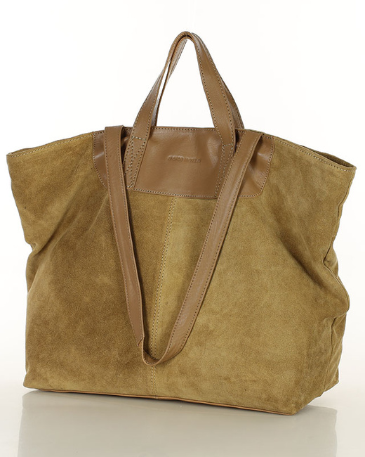 Duża torba zamszowa skórzana podwójne rączki - MARCO MAZZINI beżowa