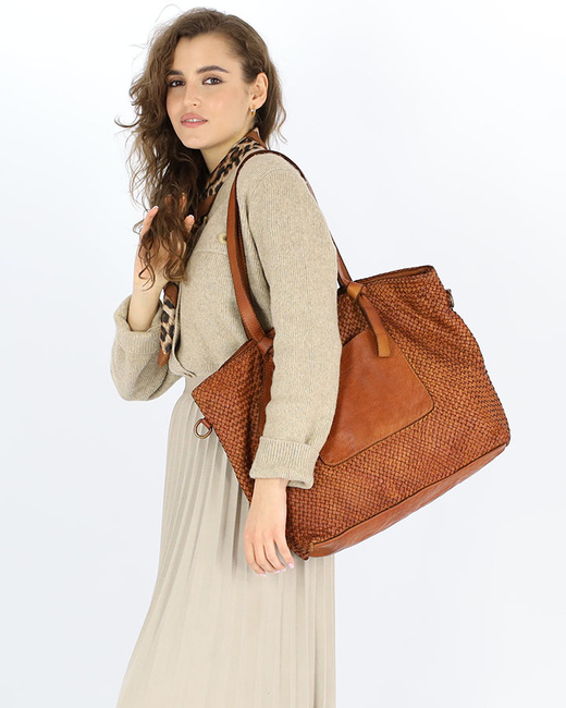 Oryginalna torebka pleciona damska skórzany shopper bag - MARCO MAZZINI brąz camel