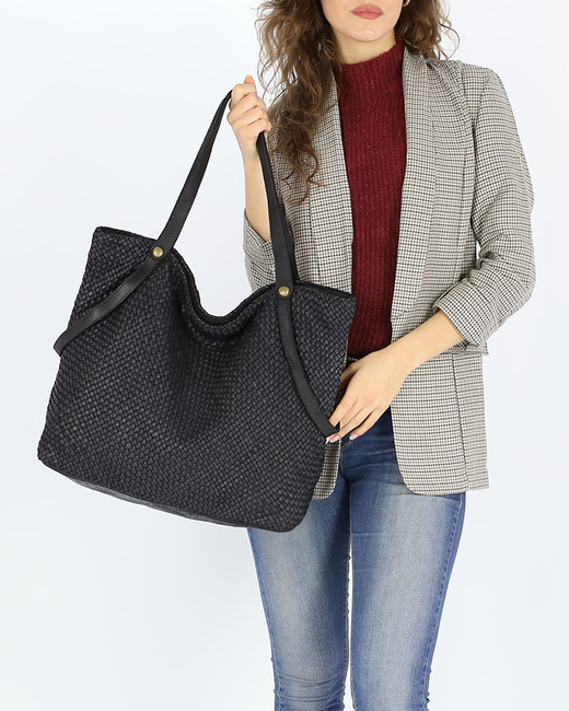 Duża torebka pleciona shopperka ze skóry - MARCO MAZZINI czarna