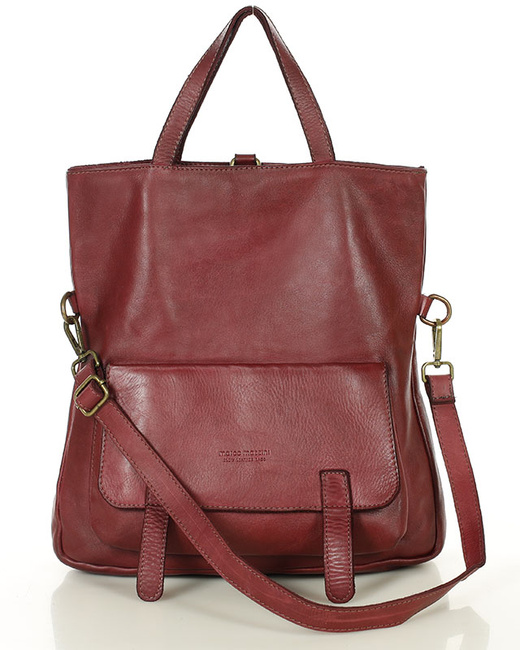 Skórzana torebka plecak z kieszenią z przodu - MARCO MAZZINI bordowa czerwona