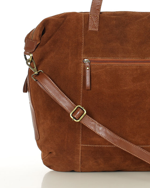 Duża brązowa shopperka zamszowa skórzana z kieszenią – MARCO MAZZINI