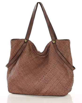 Duża torebka pleciona shopperka ze skóry - MARCO MAZZINI brązowa