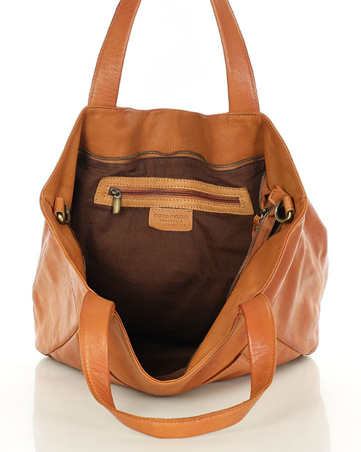 Duża skórzana torebka shopper z kieszenią - MARCO MAZZINI brąz kamelowy