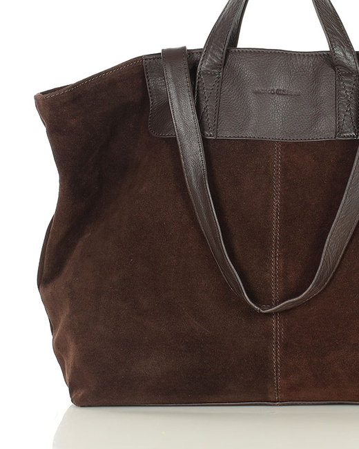 Duża torba zamszowa skórzana podwójne rączki - MARCO MAZZINI ciemny brąz