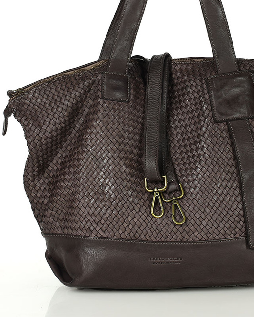 Ciemnobrązowa torebka pleciona shopper A4 z miękkiej włoskiej skóry Marco Mazzini