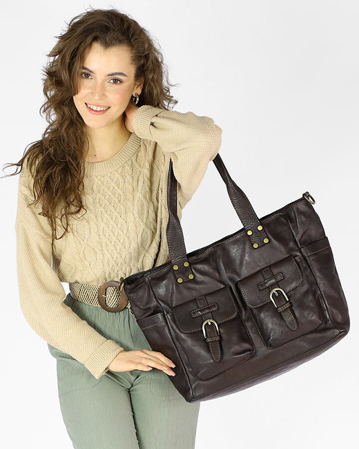 Torba skórzana shopper XL na ramię z dwoma kieszeniami MARCO MAZZINI ciemny brąz