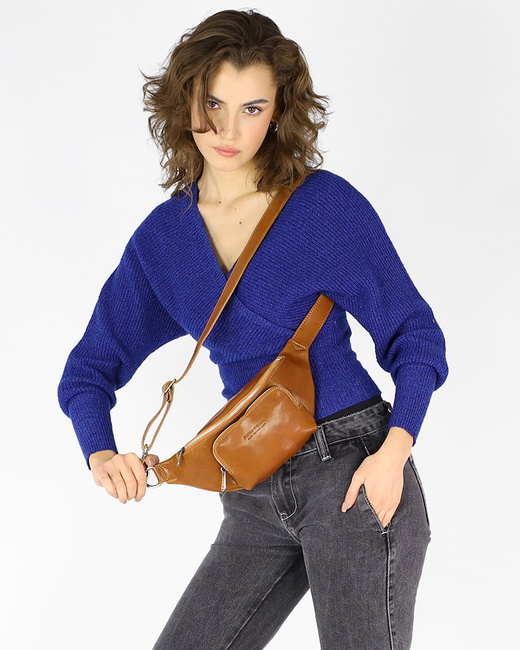 Torebka nerka na szerokim pasku skórzana premium pelle - MARCO MAZZINI camel