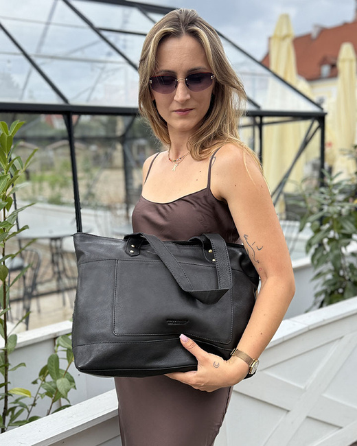 Torebka skórzana shopper damski z przegródkami - MARCO MAZZINI czarna