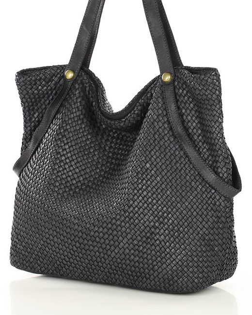Duża torebka pleciona shopperka ze skóry - MARCO MAZZINI czarna