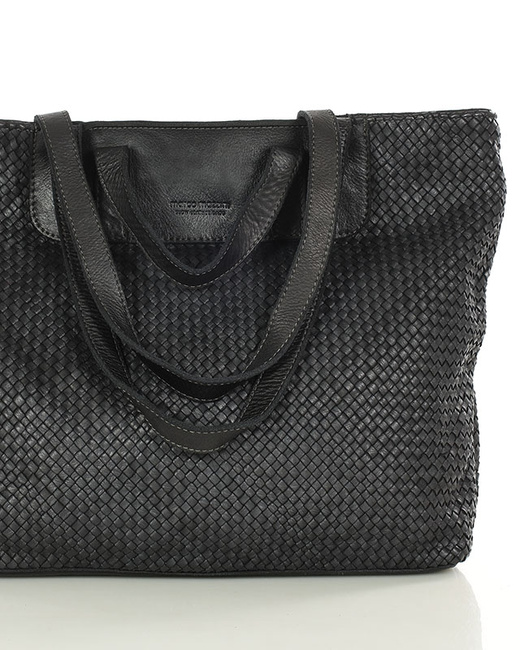 Torba damska pleciona shopper & shoulder leather bag - MARCO MAZZINI czarna