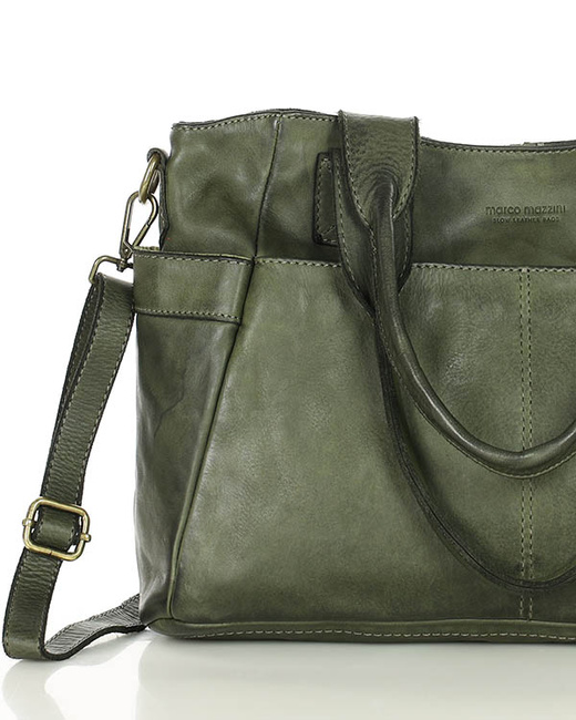 Torebka damska skórzana z kieszeniami na zewnątrz - MARCO MAZZINI zielona