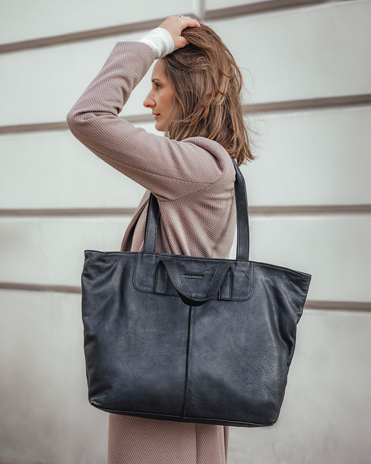 Duża torba shopper skórzana podwójne rączki - MARCO MAZZINI czarna