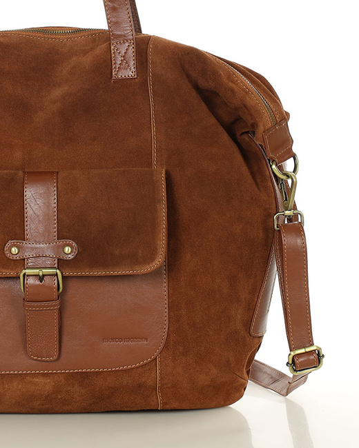 Duża brązowa shopperka zamszowa skórzana z kieszenią – MARCO MAZZINI