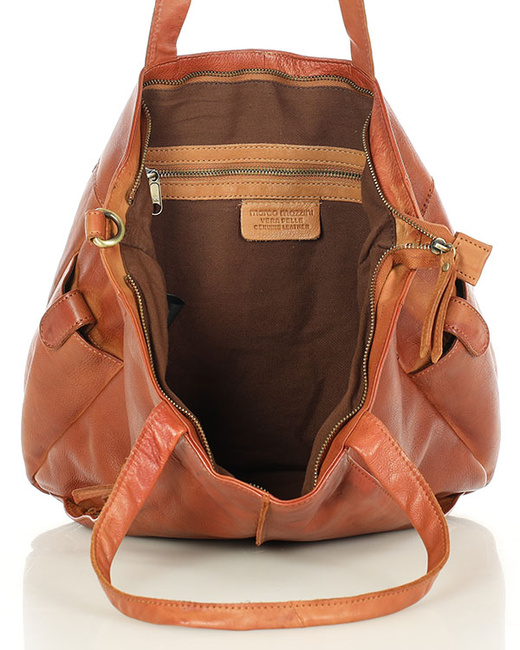 Miękka torebka skórzana shopperka na ramię - MARCO MAZZINI - brąz camel