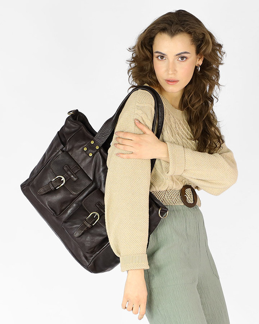 Torba skórzana shopper XL na ramię z dwoma kieszeniami MARCO MAZZINI ciemny brąz