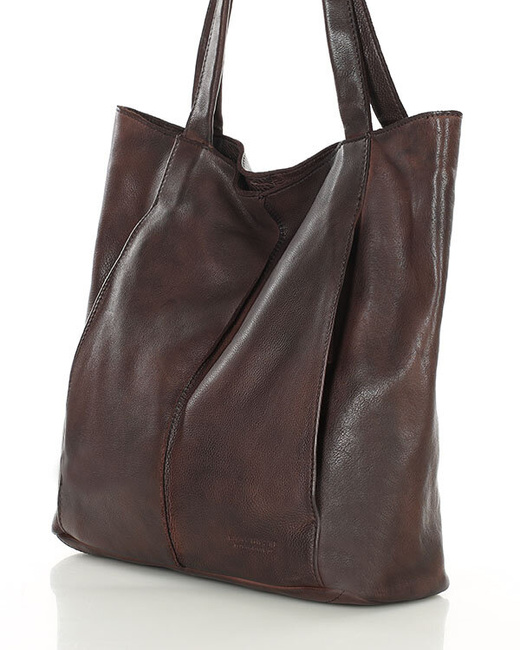 Miękka torba typu shopper skórzana na ramię - MARCO MAZZINI - ciemny brąz