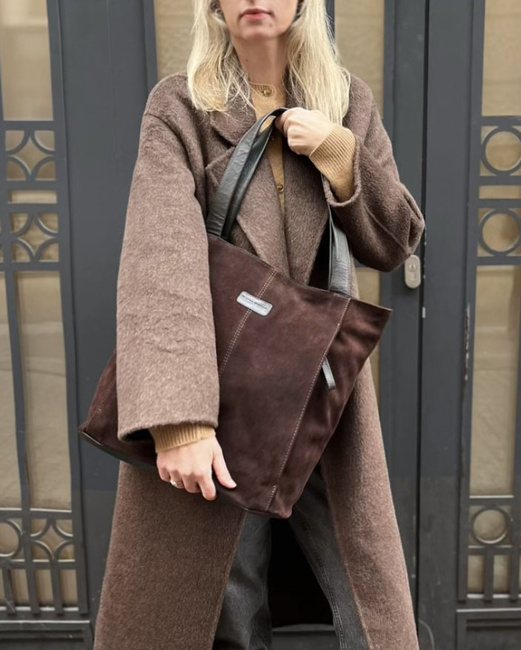 Miękka torba zamszowa skórzana shopper na ramię - MARCO MAZZINI - ciemny brąz