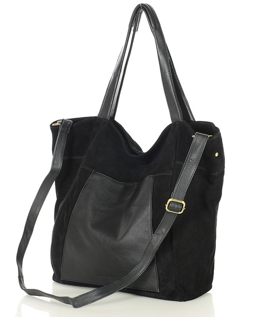 Duża torba zamszowa shopper skórzany z kieszenią - MARCO MAZZINI czarny