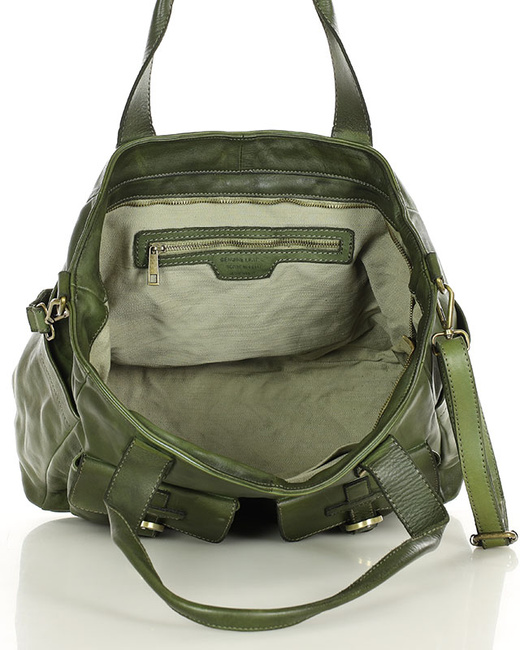 Torba skórzana shopper XL na ramię z dwoma kieszeniami MARCO MAZZINI zielona