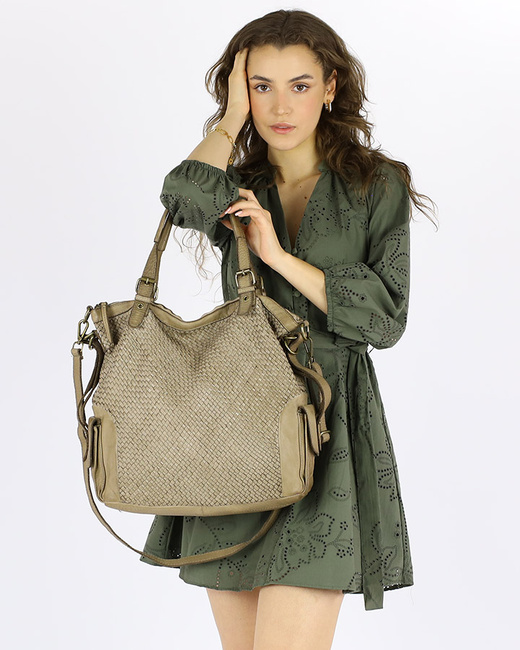 Miejska torebka regulowane raczki shopper pleciona skóra handmade MARCO MAZZINI beż jasny