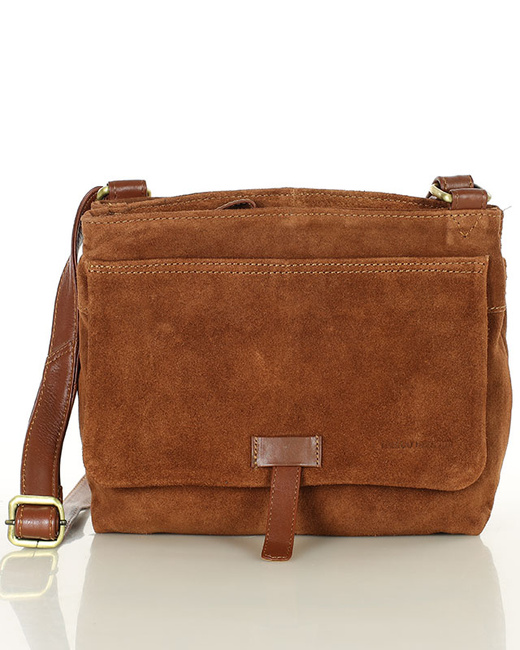 Brązowa zamszowa listonoszka skórzana dwukomorowa - MARCO MAZZINI