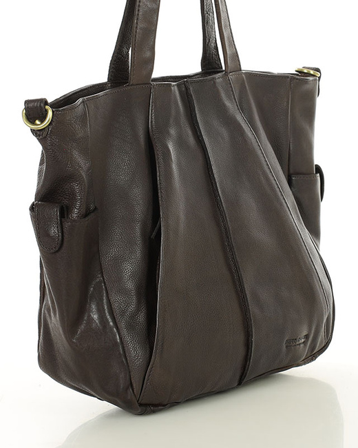 Miękka torebka skórzana shopperka na ramię - MARCO MAZZINI - ciemny brąz