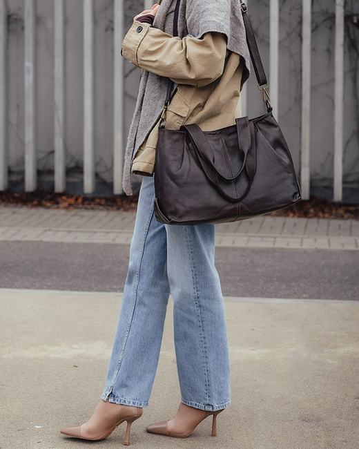 Torebka kuferek skórzana na ramię z miękkiej skóry MARCO MAZZZINI ciemny brąz