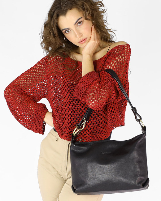 Luksusowa torebka skórzana na długim pasku z regulacją - MARCO MAZZINI czarna