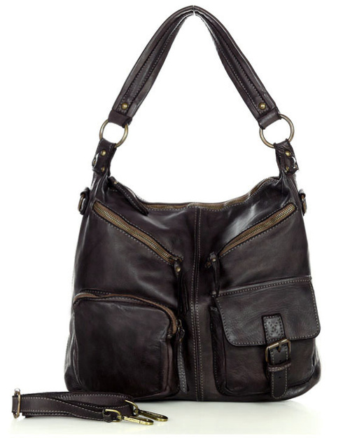 Torebka skórzana na ramię pockets old pelle lavata - MARCO MAZZINI ciemny brąz