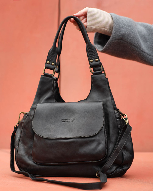 Włoska torebka skórzana z kieszenią z przodu retro bag handmade - MARCO MAZZINI czarny