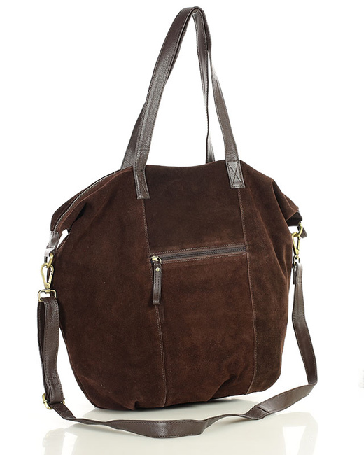 Torba skórzana zamszowa shopper z kieszeniami - It bag MARCO MAZZINI ciemny brąz