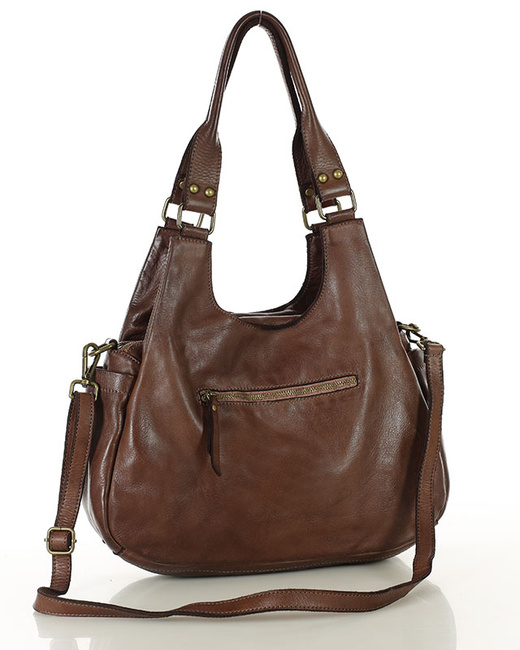 Włoska torebka skórzana z kieszenią z przodu retro bag handmade - MARCO MAZZINI czekoladowy brąz