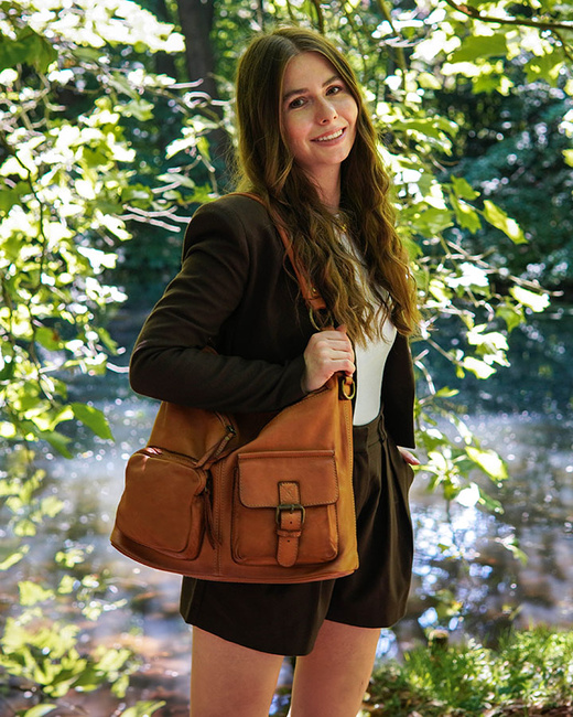 Torebka skórzana na ramię pockets old pelle lavata - MARCO MAZZINI brąz camel