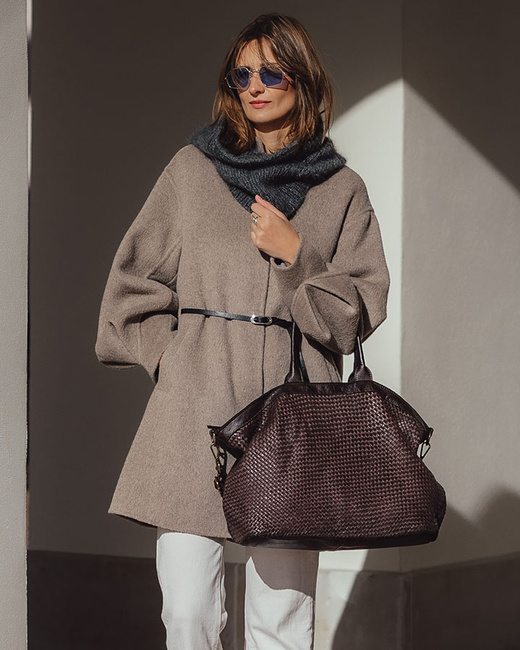 Duża torba shopper z plecionej skóry naturalnej - MARCO MAZZINI ciemnobrązowa caffe