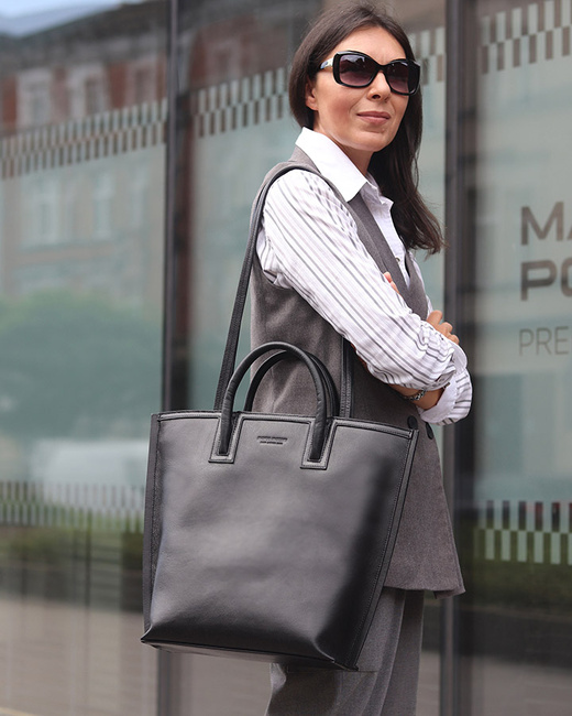 Ekskluzywna torba shopper do pracy skórzana premium MARCO MAZZINI czarna
