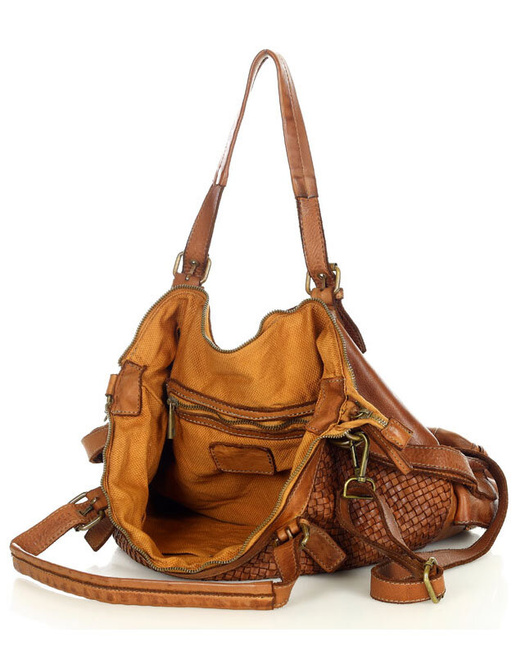 Miejska torebka z regulowanymi rączkami shopper pleciona skóra handmade - MARCO MAZZINI brąz karmel