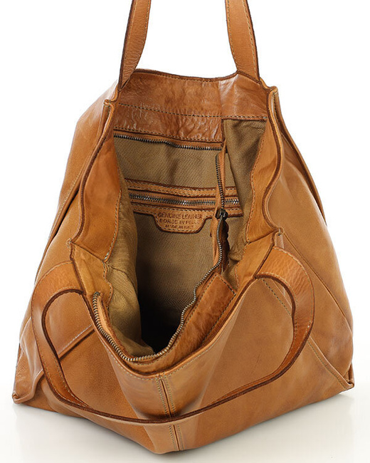 Duża skórzana torebka shopper na ramię – MARCO MAZZINI brązowa camel, idealna na miasto