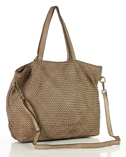 Oryginalna torebka pleciona damska skórzany shopper bag - MARCO MAZZINI beż taupe