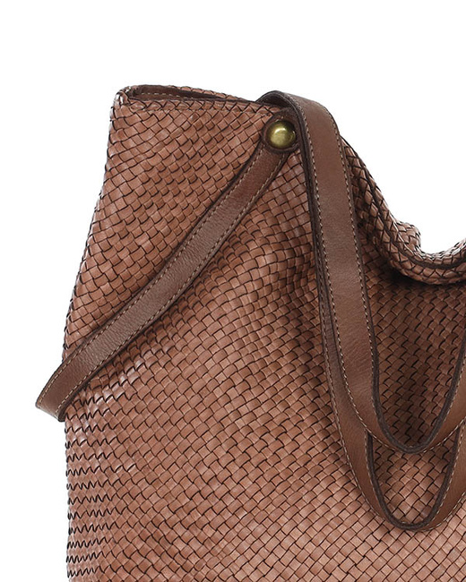 Duża torebka pleciona shopperka ze skóry - MARCO MAZZINI brązowa