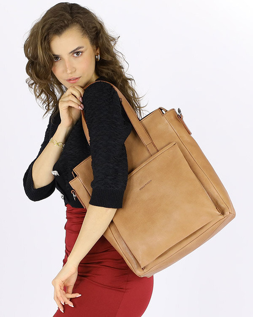 Luksusowa torebka shopperka aktówka skórzana MARCO MAZZINI beżowa