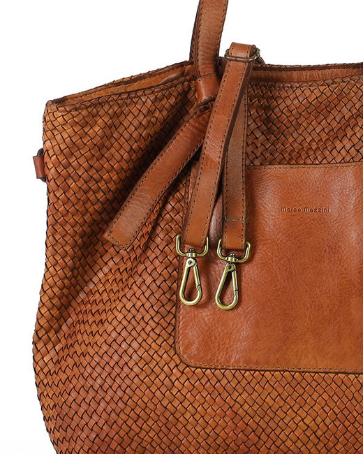 Oryginalna torebka pleciona damska skórzany shopper bag - MARCO MAZZINI brąz camel