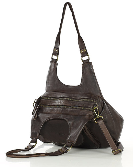 Włoska torebka skórzana z kieszenią z przodu retro bag handmade - MARCO MAZZINI ciemny brąz caffe