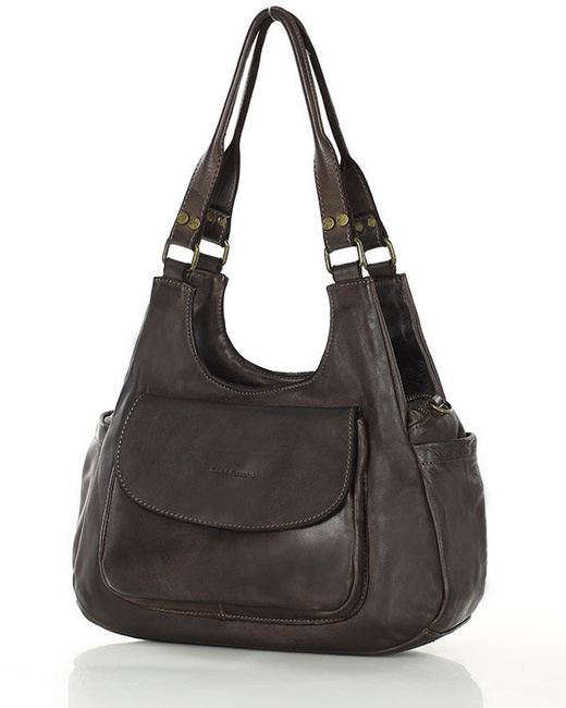 Włoska torebka skórzana z kieszenią z przodu retro bag handmade - MARCO MAZZINI ciemny brąz caffe