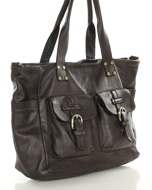 Torba skórzana shopper XL na ramię z dwoma kieszeniami MARCO MAZZINI ciemny brąz