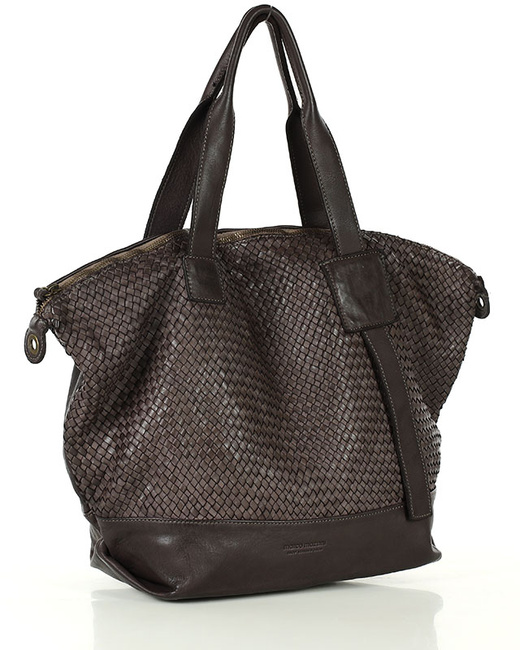 Ciemnobrązowa torebka pleciona shopper A4 z miękkiej włoskiej skóry Marco Mazzini