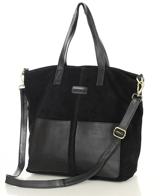 Torebka damska shopper duża zamszowa z kieszonkami – MARCO MAZZINI czarna