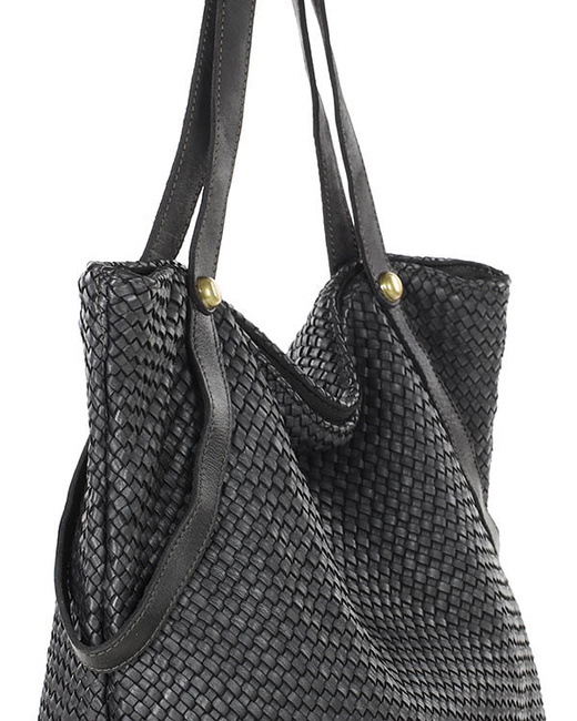 Duża torebka pleciona shopperka ze skóry - MARCO MAZZINI czarna