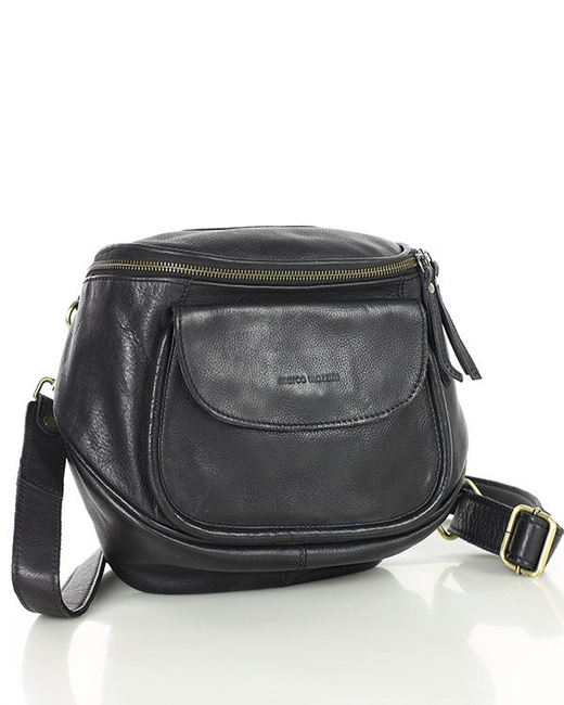 Torebka na szerokim pasku półokrągła skórzana listonoszka - MARCO MAZZINI czarna