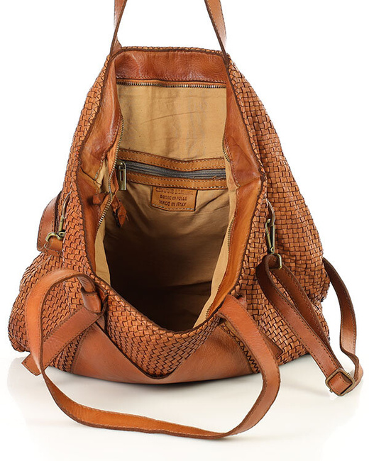 Oryginalna torebka pleciona damska skórzany shopper bag - MARCO MAZZINI brąz camel