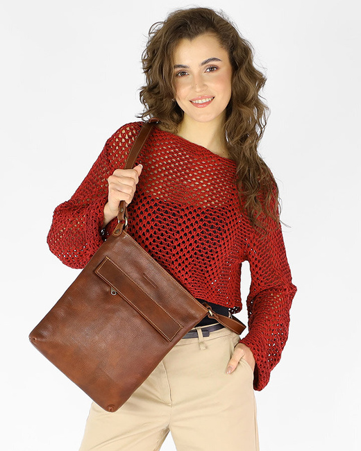 Torebka skórzana listonoszka prostokątna klasy premium - MARCO MAZZINI brązowa